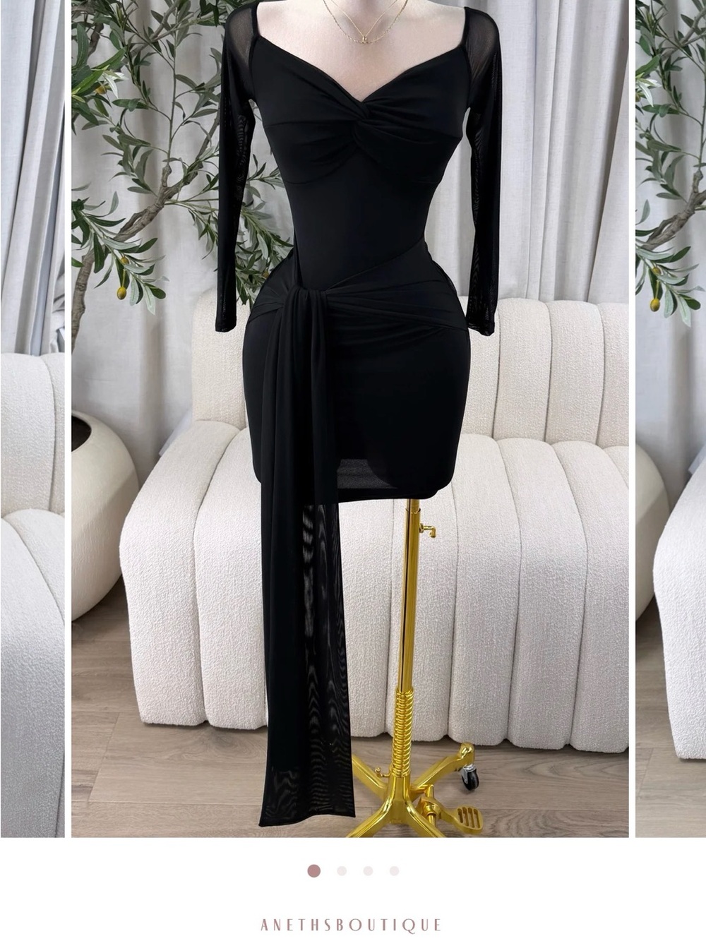 Boutique Black Long-Sleeve Twist-Front Mini Dress with Draped Sash